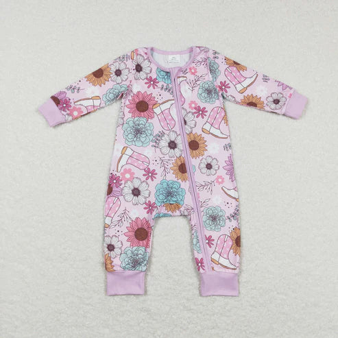 9.19 RTS Sibling Baby Girls Lavender Pink Flowers Boots Top Pants Pajamas Sets Zipper Rompers