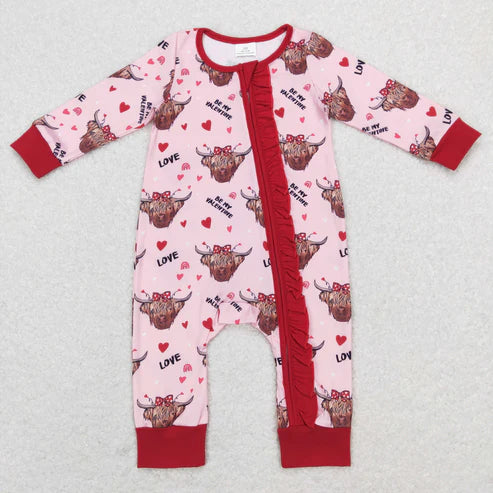 9.16 RTS Sibling Baby Girls Hearts Highland Cows Top Ruffle Pants Valentine Pajamas Sets Zipper Footie Rompers