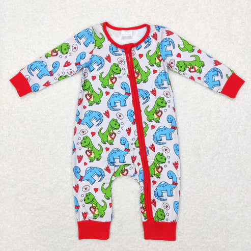 9.16 RTS Sibling Baby Boys Hearts Dinosaurs Top Pants Valentine Pajamas Clothes Sets Zipper Footie Rompers