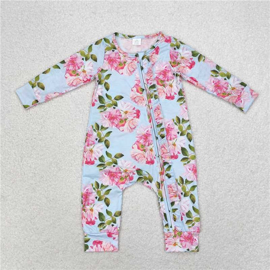 USA Warehouse (IN STOCK) LR0880 Blue Floral Long Sleeve Zipper Romper for Baby Girls Cute And Comfortable Clothing