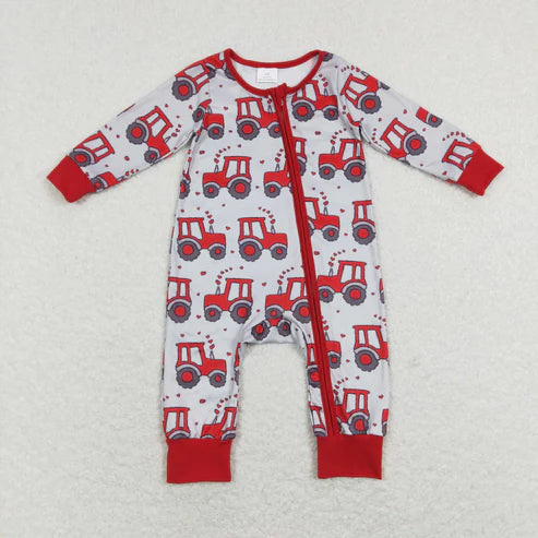 9.16 RTS Sibling Baby Boys Hearts Trucks Top Pants Valentine Pajamas Sets Zipper Footie Rompers