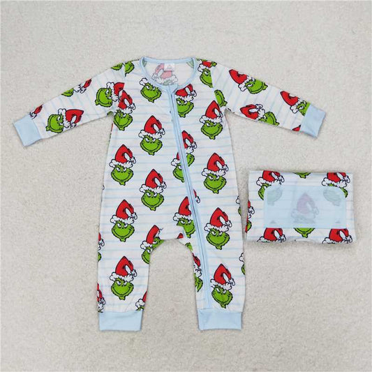 USA Warehouse (IN STOCK) LR1002 Baby Boy Christmas Zipper Romper Green Stripe Face Design Comfortable Cotton Outfit for Infants