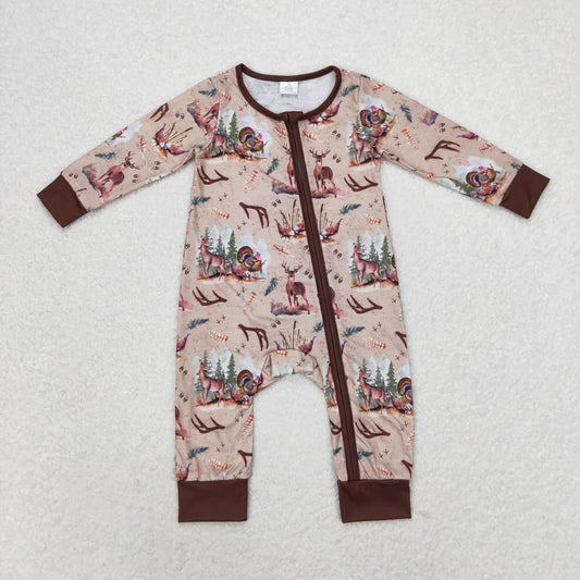 USA Warehouse (IN STOCK) LR1014 Baby Girls Winter Rompers Baby Infant Boys Fall Deers Hunting Turkey Bamboo Zip Rompers