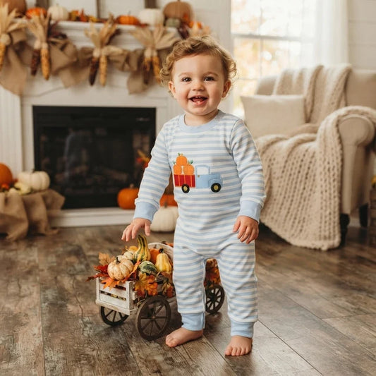 RTS NO MOQ （In stock）milk silk LR1023 Embroidery Pumpkin Truck Baby Boys Long Sleeve Fall Stripe Rompers