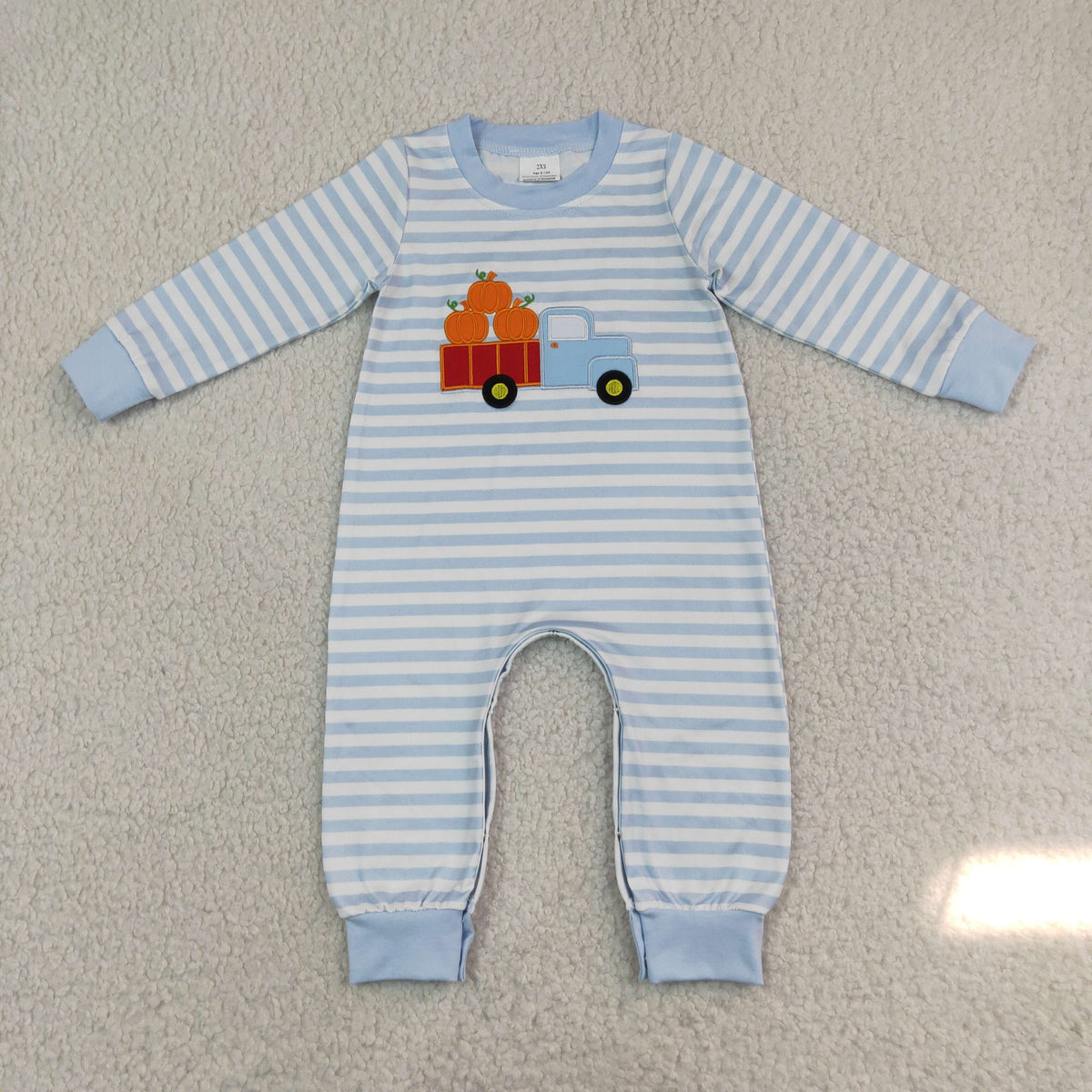 RTS NO MOQ Sibling Embroidery Baby Boys Blue Stripe Valentines Footie Rompers