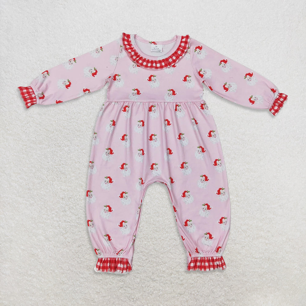 9.30 RTS Silbing Baby Infant Girls Christmas Pink Santa Long Ruffle Sleeve Rompers