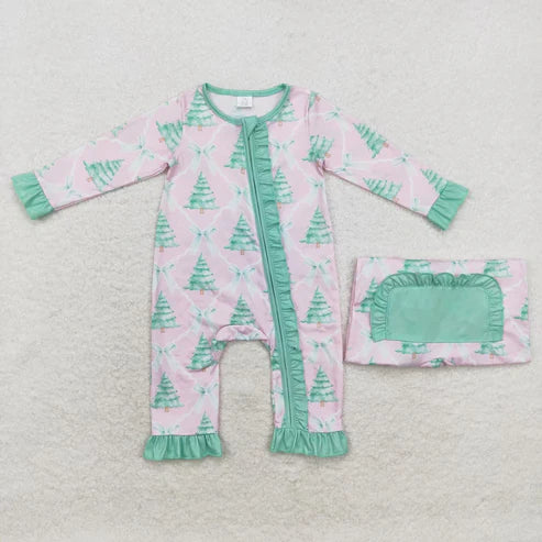 9.18 RTS Sibling Baby Girls Bows Trees Checked Top Ruffle Pants Christmas Pajamas Sets Zipper Rompers