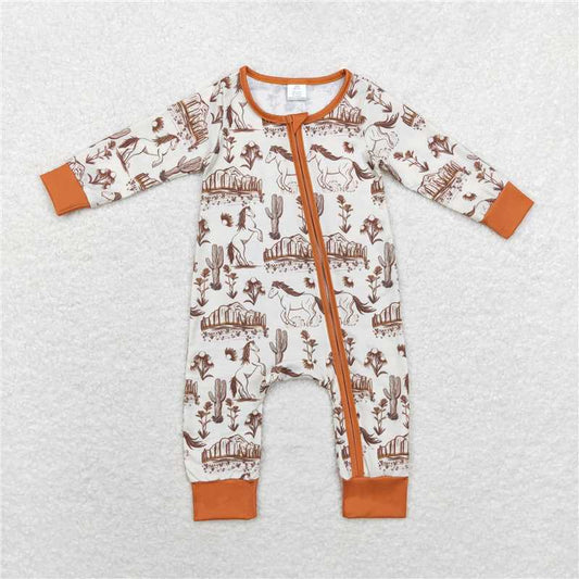 USA Warehouse (IN STOCK) Western Long Sleeve Bamboo Zipper Romper with Horse And Cactus Design