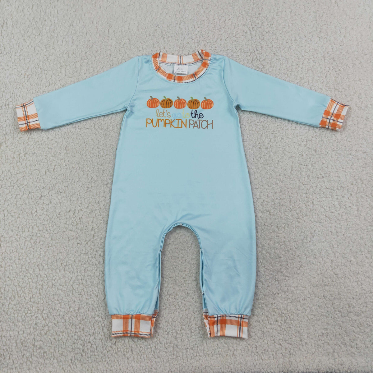 RTS NO MOQ Sibling milk silk Baby Girls Blue Pumpkin Ruffle Top and Plaid Ruffle Pants Set Long Sleeve Romper