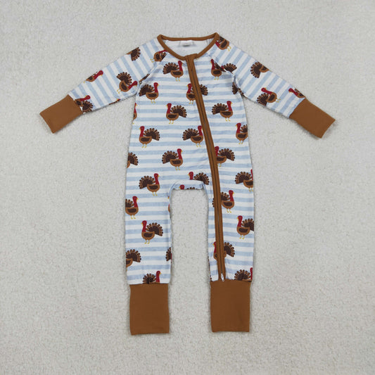 10.15 RTS NO MOQ （In stock）LR1191 Baby Boys Winter Rompers Baby Infant Boys Thanksgiving Turkey Stripe Zipper Footie Rompers