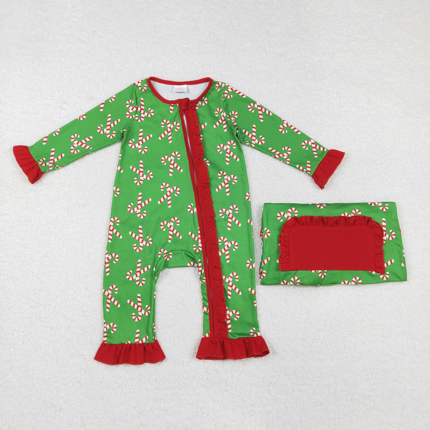 LR1236 Baby Infant Girls Christmas Candy Cane Long Sleeve Zip Rompers