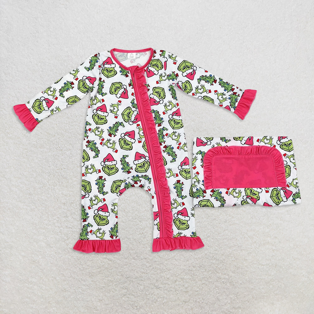 RTS Sibling Baby Girls Winter Outfits Hot Pink Long Sleeve Baby Pajamas Christmas Tree Green Face Design Comfortable Rompers Pants for Infants