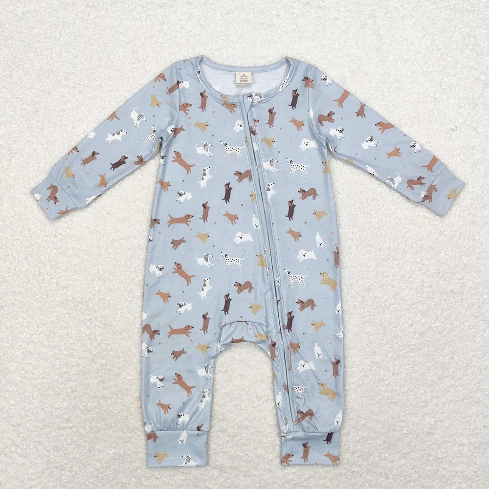 USA Warehouse (IN STOCK) LR1351 Baby Girls  Winter Rompers Baby Infant Toddler Blue Dogs Bamboo Zip Rompers