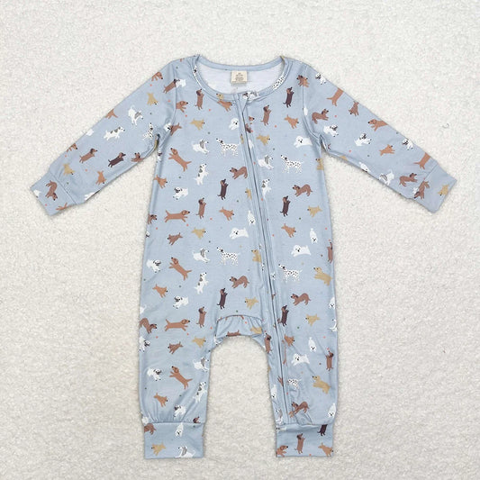 USA Warehouse (IN STOCK) LR1351 Baby Girls  Winter Rompers Baby Infant Toddler Blue Dogs Bamboo Zip Rompers