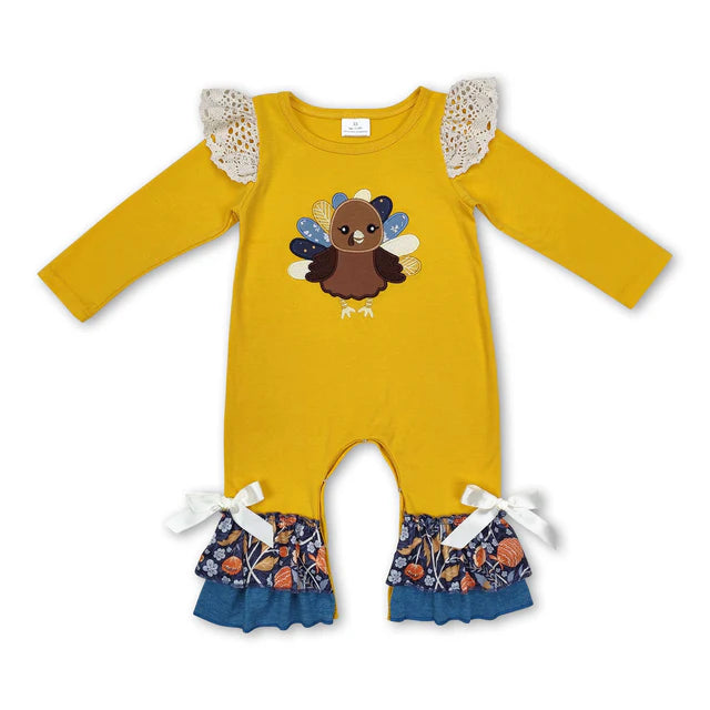 RTS Sibling Baby Girls Long Sleeves Turkey Ruffle Leopard Pant Sets Romper