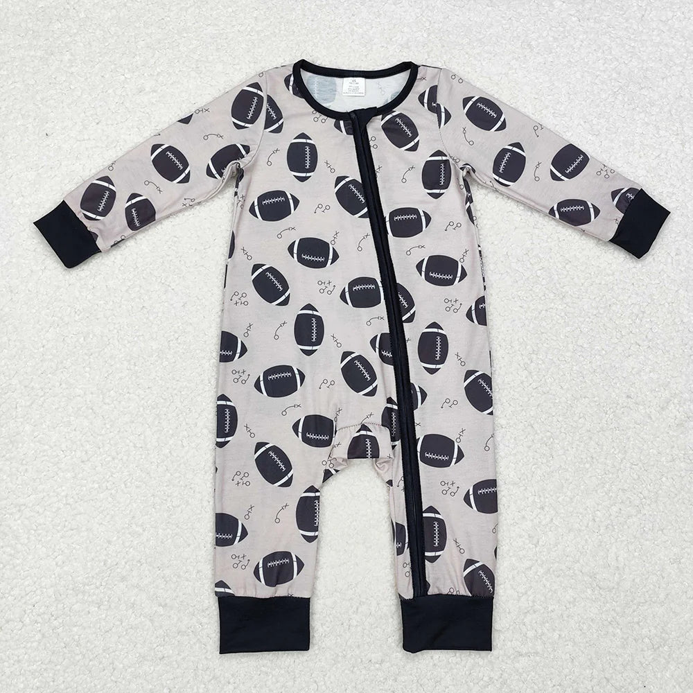 1.19 RTS Sibling Baby Infant Boys Girls Fall Football Bamboo Zip Long Sleeve Rompers