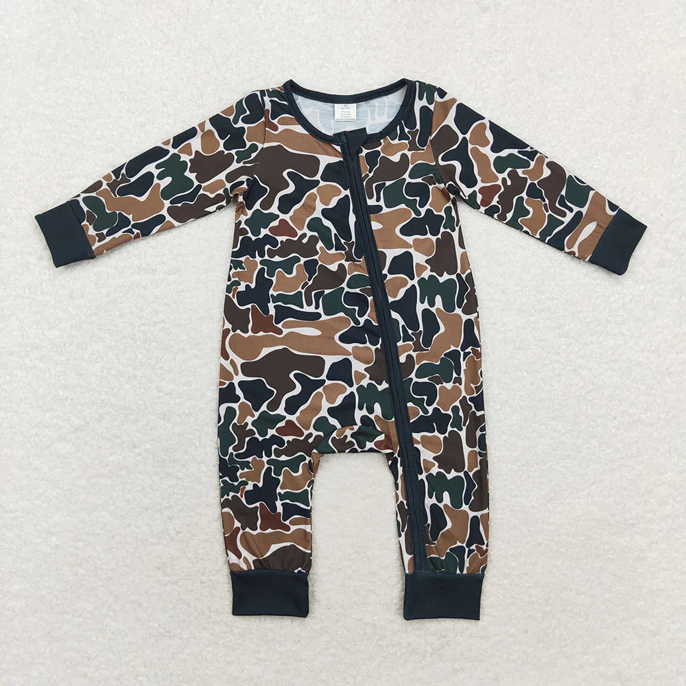 USA Warehouse (IN STOCK) LR1453 Baby Girls Winter Rompers Baby Infant Boys Brown Camo Fall Zip Rompers