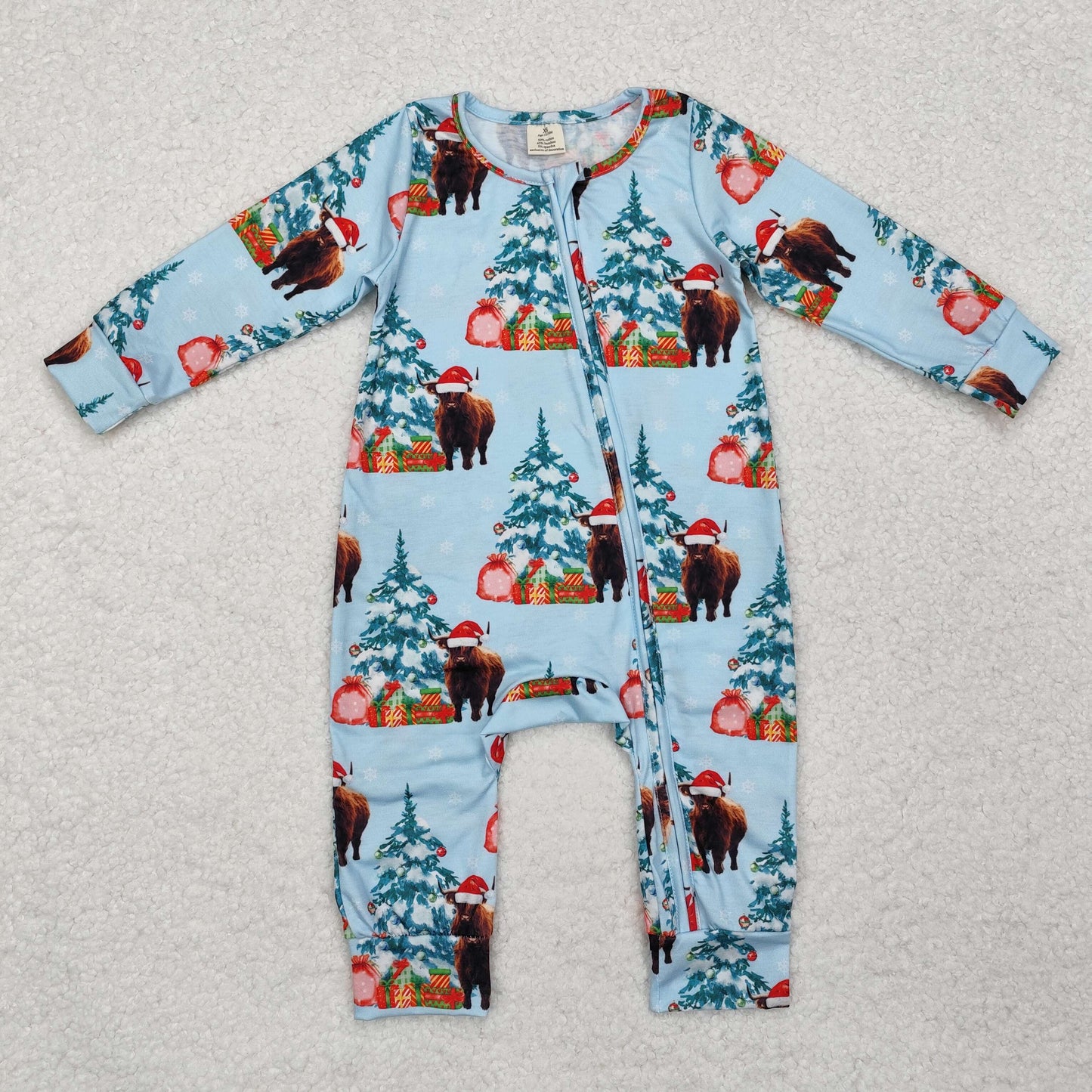 LR1459 Christmas tree highland cow baby kids zipper romper