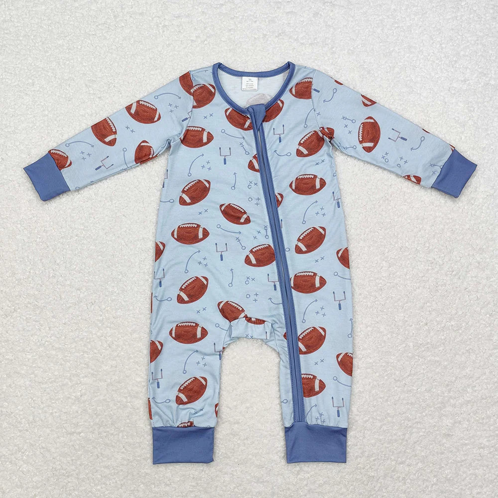 1.19 RTS Sibling Baby Infant Boys Girls Fall Football Bamboo Zip Long Sleeve Rompers