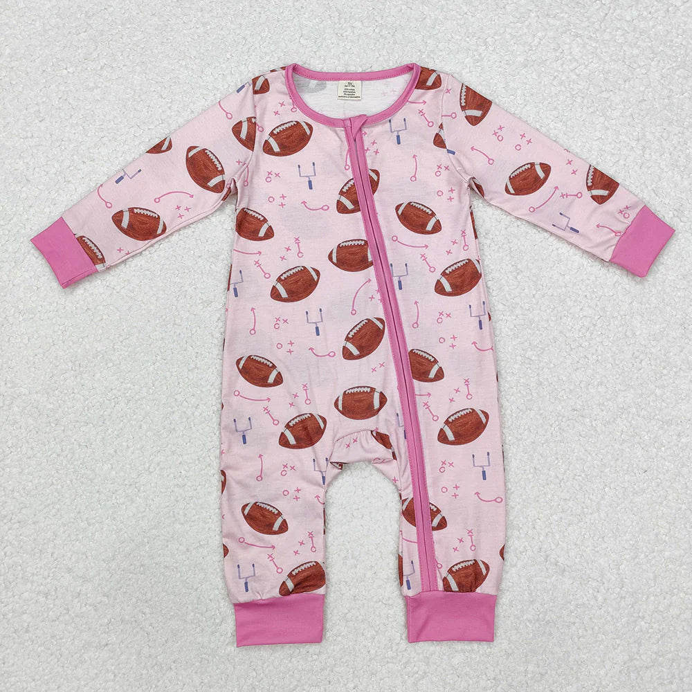1.19 RTS Sibling Baby Infant Boys Girls Fall Football Bamboo Zip Long Sleeve Rompers