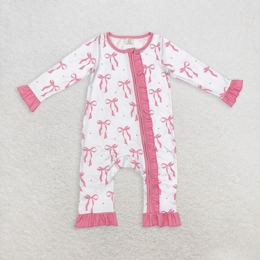 USA Warehouse (IN STOCK) Baby Girls Pink Long Sleeves Bow Zipper Romper with Pink Boots Cactus Bull Skull Design for Infants