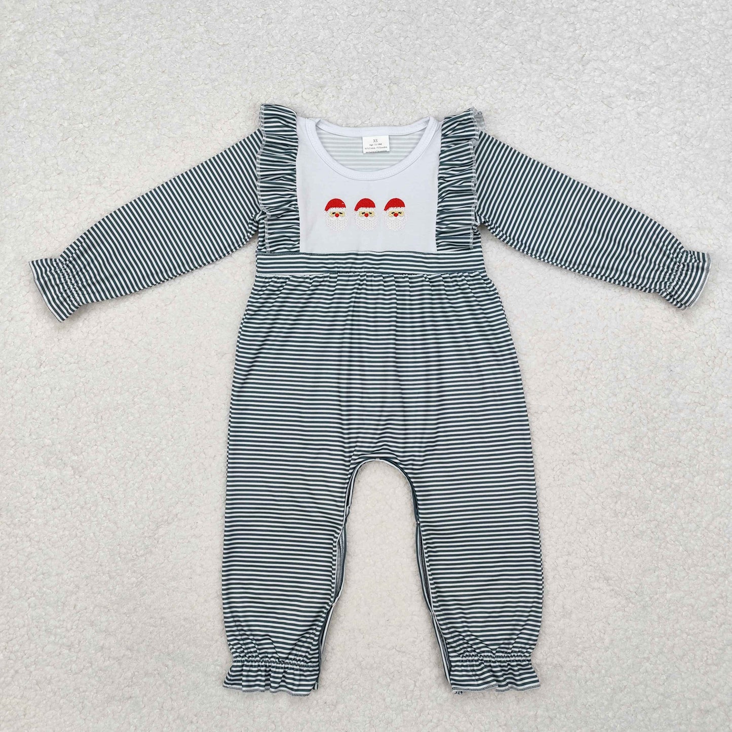 LR1586 Baby Infant Girls Christmas Green Stripes Santa Rompers