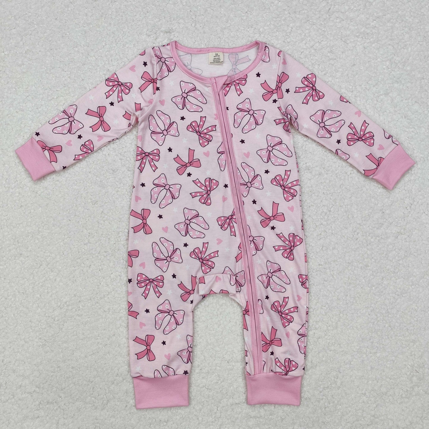 LR1608 Baby Infant Girls Pink Dots Bows Zip Rompers