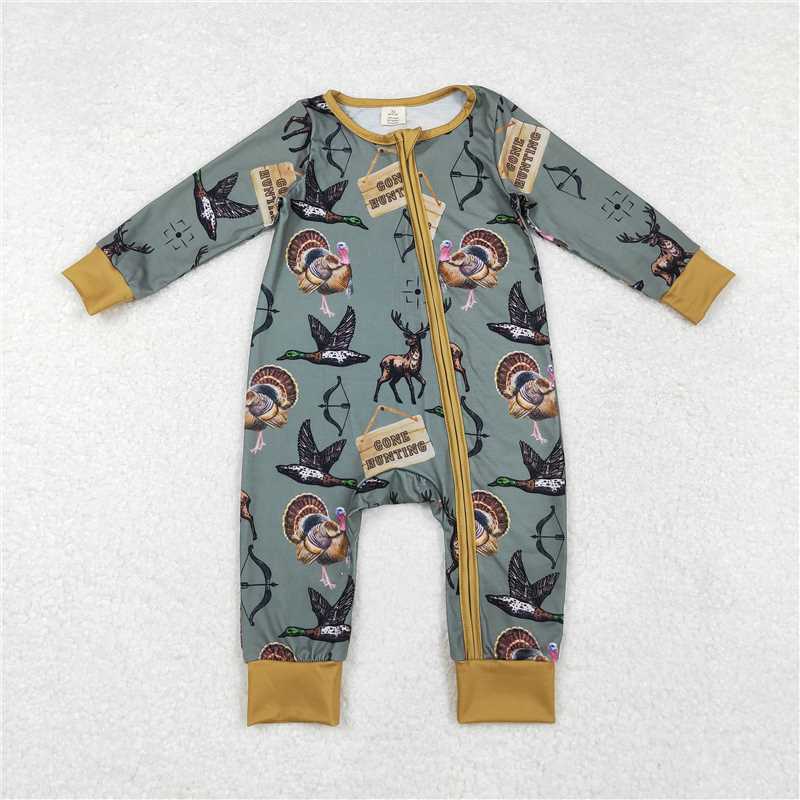 11.26 RTS NO MOQ （In stock）LR1680 Baby Boys Winter Rompers Baby Infant Boys Hunting Deers Ducks Bamboo Zip Rompers