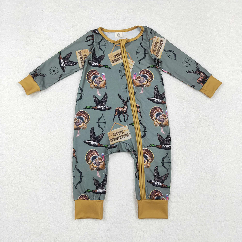 1.15 RTS Sibling Baby Infant Boys Hunting Season Duck Bamboo Zip Sleepers Rompers