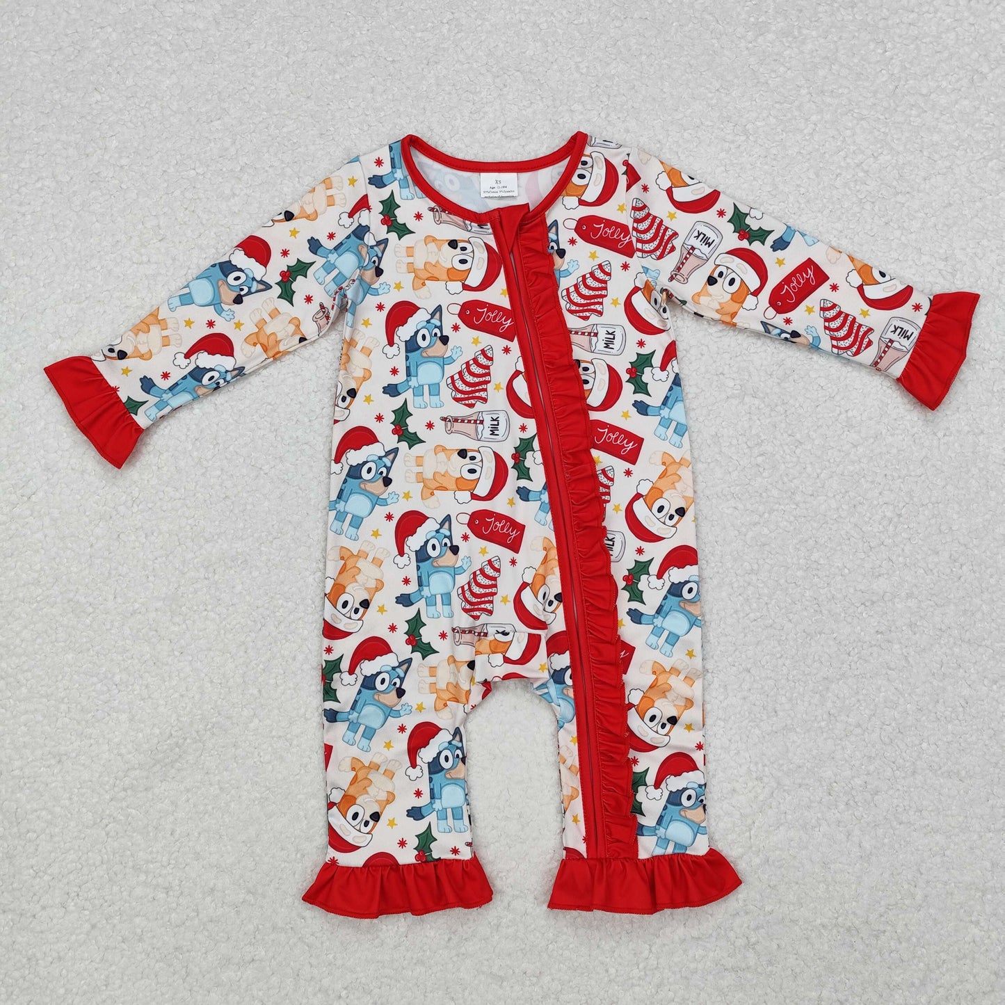LR1685 Baby Infant Girls Christmas Dogs Ruffle Long Sleeve Rompers