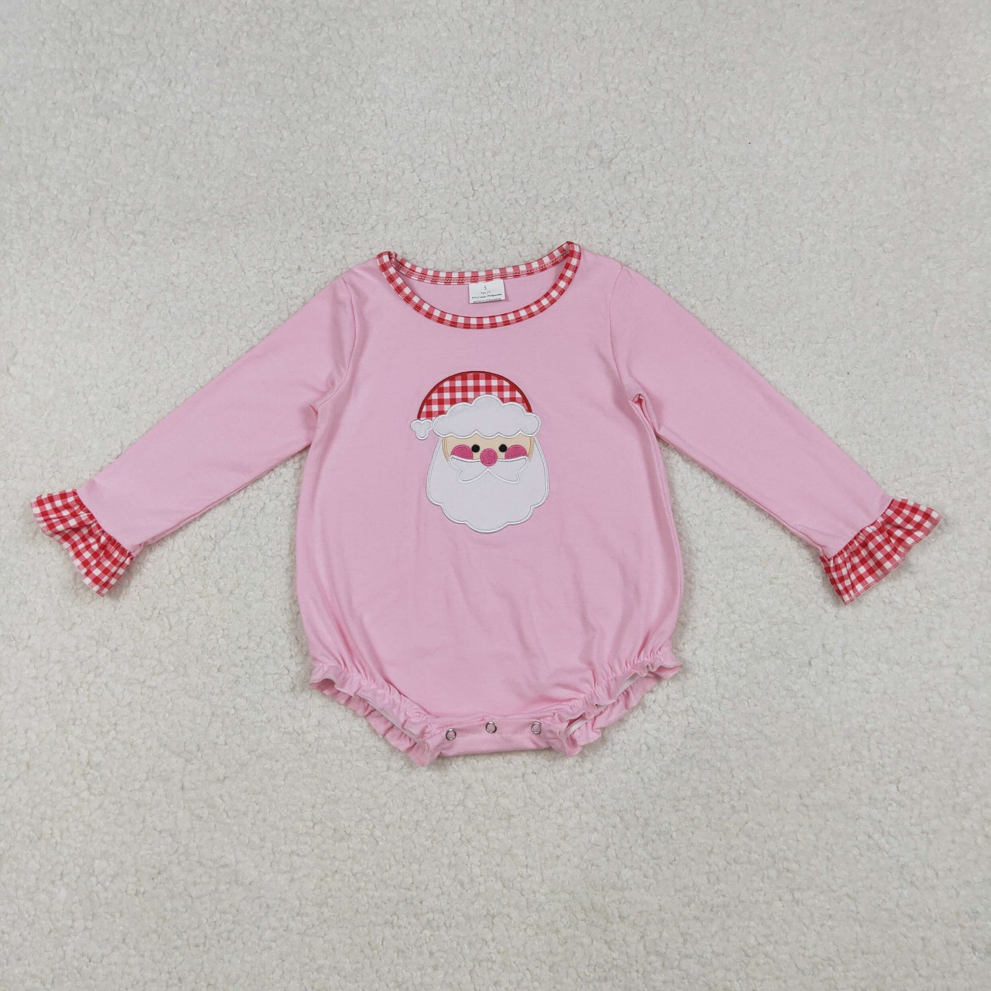 9.30 RTS NO MOQ （In stock）LR1733 Baby Girls Winter Rompers Embroidery Santa Baby Girls Pink Long Ruffle Sleeve Christmas Rompers
