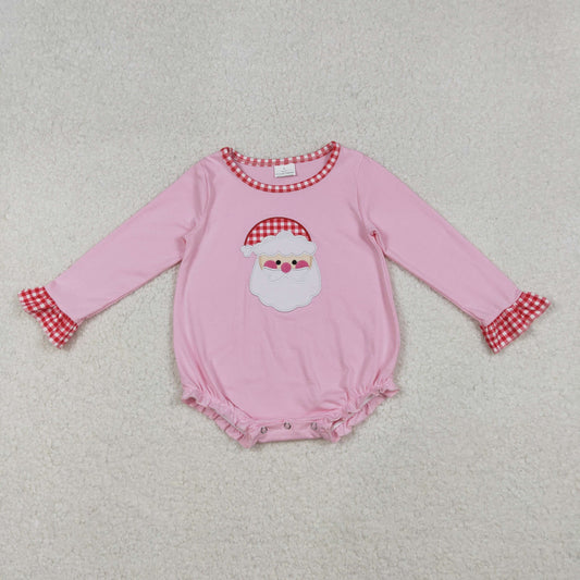 9.30 RTS NO MOQ （In stock）LR1733 Baby Girls Winter Rompers Embroidery Santa Baby Girls Pink Long Ruffle Sleeve Christmas Rompers