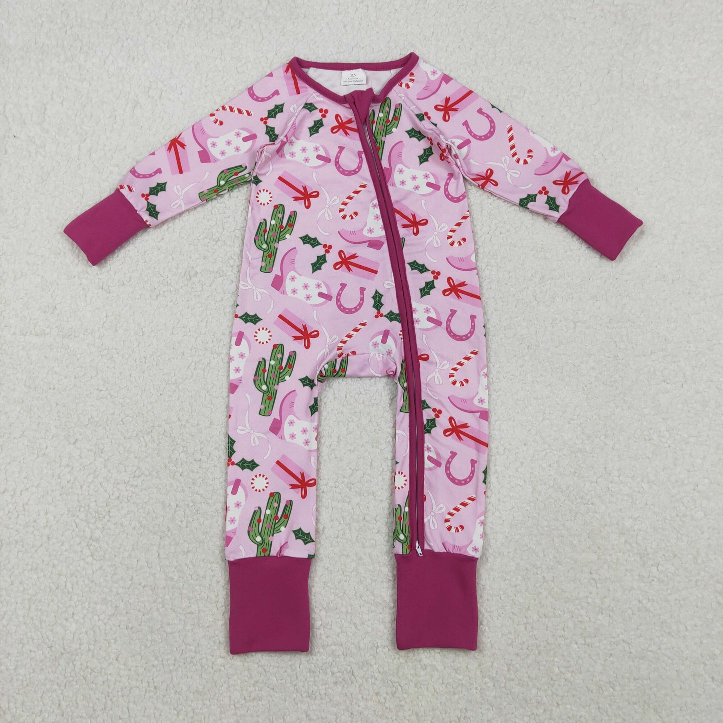 11.4 RTS NO MOQ （In stock）LR1742 Baby Girls Winter Rompers Baby Girls Western Boots Christmas Two Way Zip Convertible Rompers
