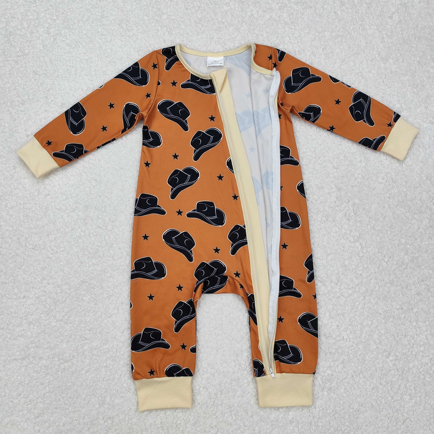 LR1758 Cowboy hat stars brown zipper long sleeve jumpsuit