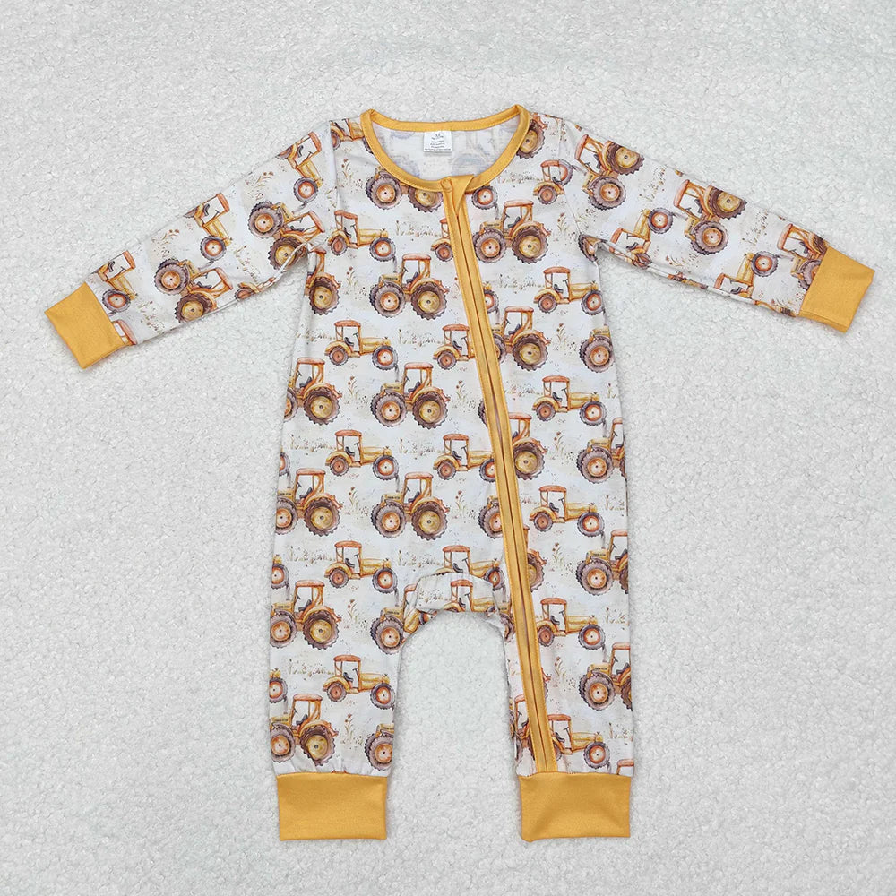 1.20 RTS Sibling Brother Baby Boys Farm Trucks Bamboo Rompers Pajamas