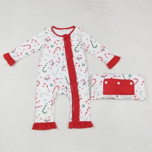9.16 RTS Sibling Baby Kids Candy Cane Snowflake Top Pants Christmas Pajamas Sets Zipper Footie Rompers