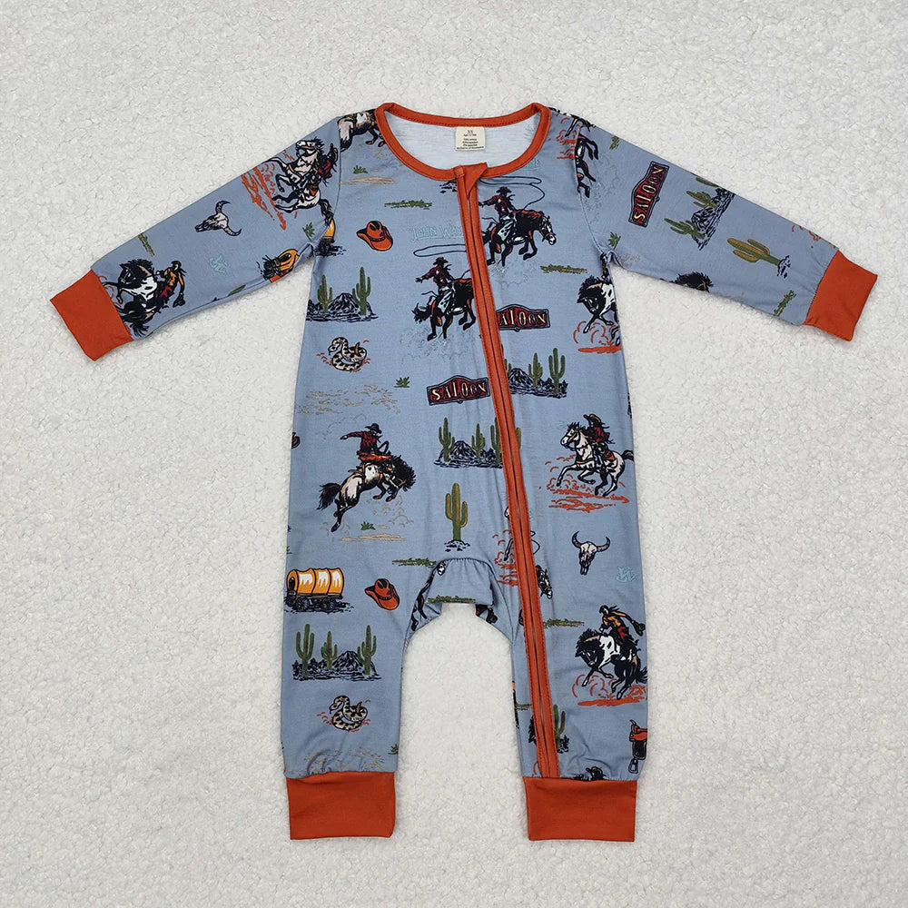 2.6 RTS Sibling Baby Infant Boys Girls Western Bamboo Zip Rompers
