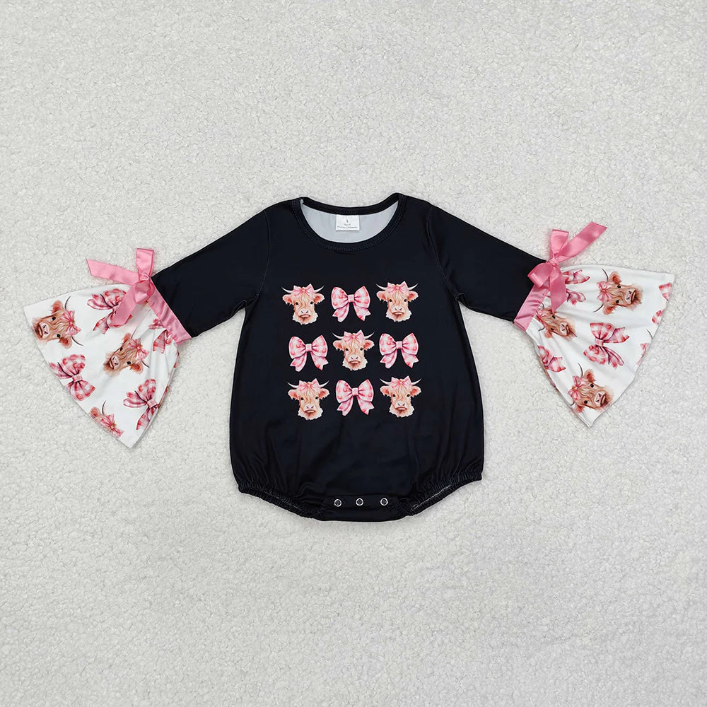 2.6 RTS Sibling Baby Girls Highland Cow Bows Rompers Clothes Sets