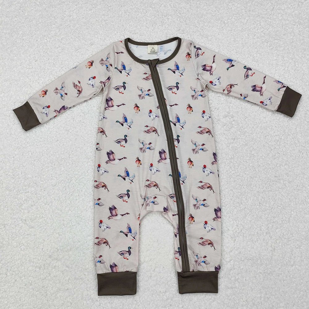 1.15 RTS Sibling Baby Infant Boys Hunting Season Duck Bamboo Zip Sleepers Rompers