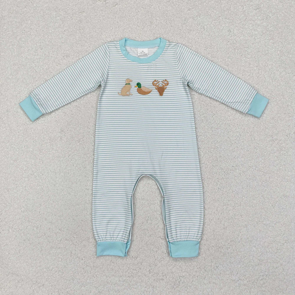 10.4 RTS Sibling Baby Infant Boys Embroidery Hunting Long Sleeve Rompers