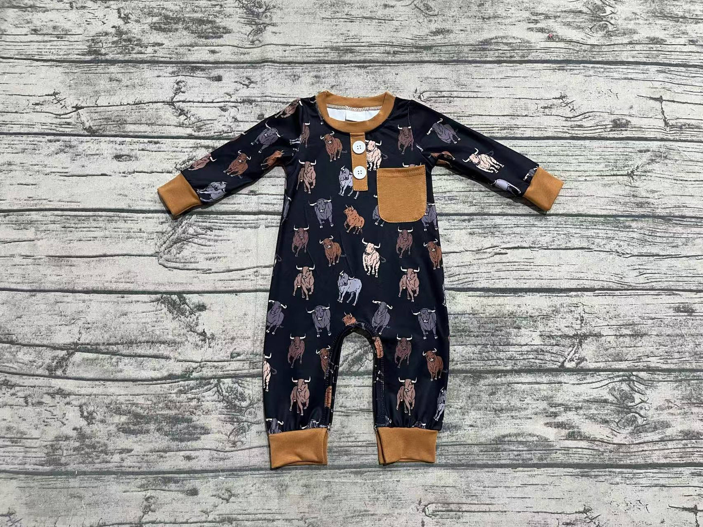 LR1902 Baby Infant Boys Black Cow Western Long Sleeve Rompers preorder