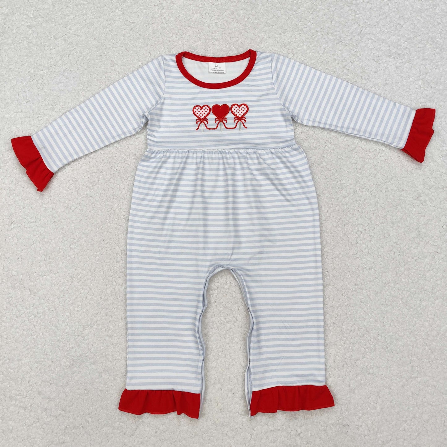 LR1925 Baby Infant Girls Valentines Grey Stripes Hearts Rompers