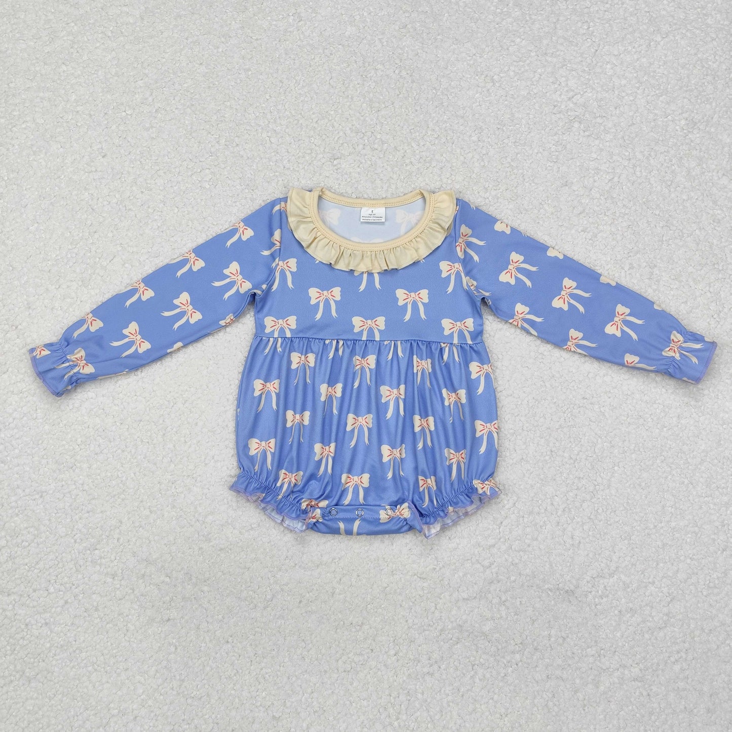 LR1941 Beige ruffle bow long sleeves baby girls romper