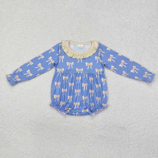 LR1941 Beige ruffle bow long sleeves baby girls romper