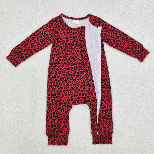 RTS Green red leopard baby girls Christmas zipper romper