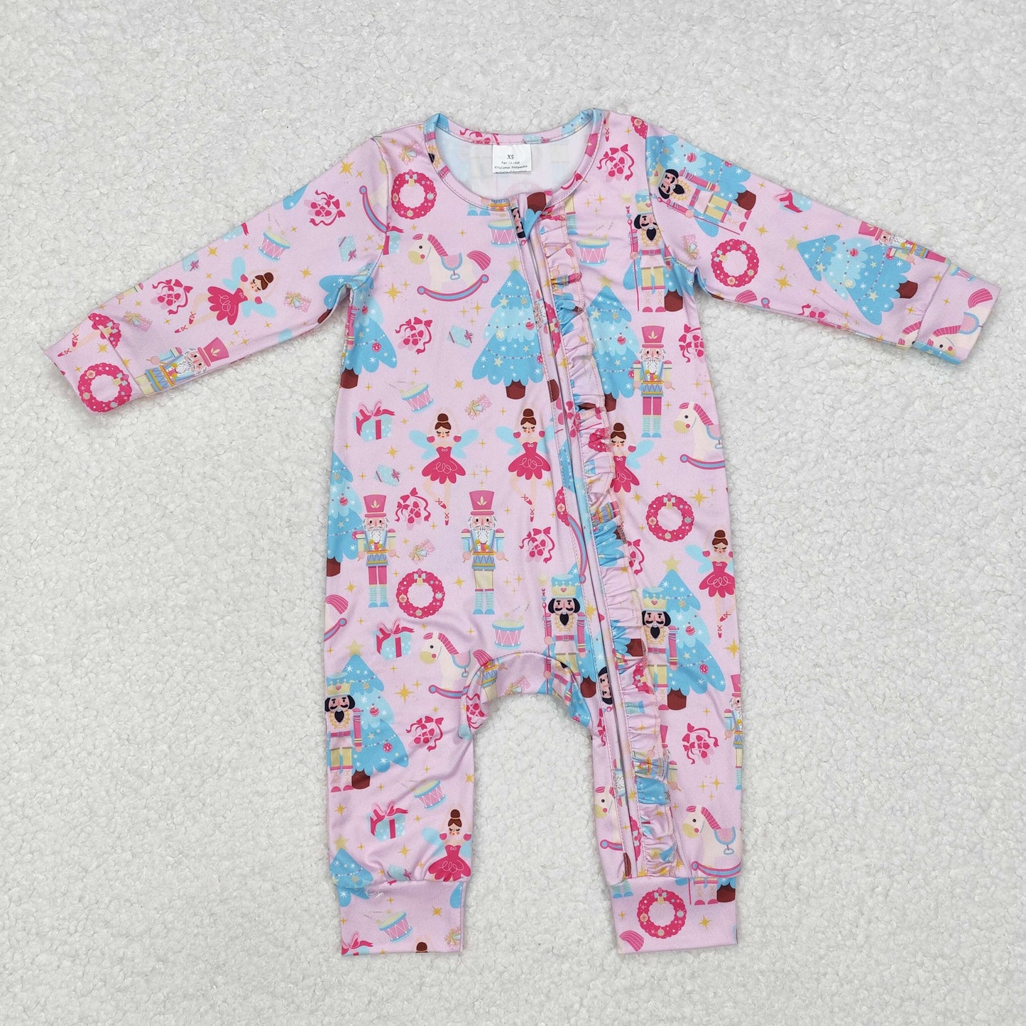 LR1970 Pink Christmas tree ballet king baby girls zipper romper