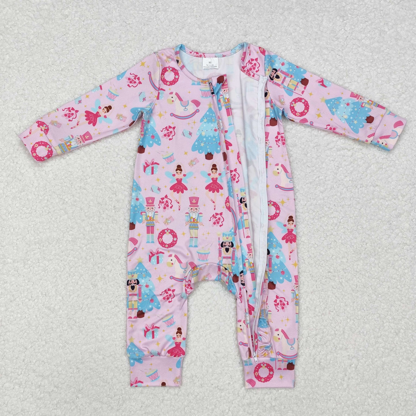 LR1970 Pink Christmas tree ballet king baby girls zipper romper