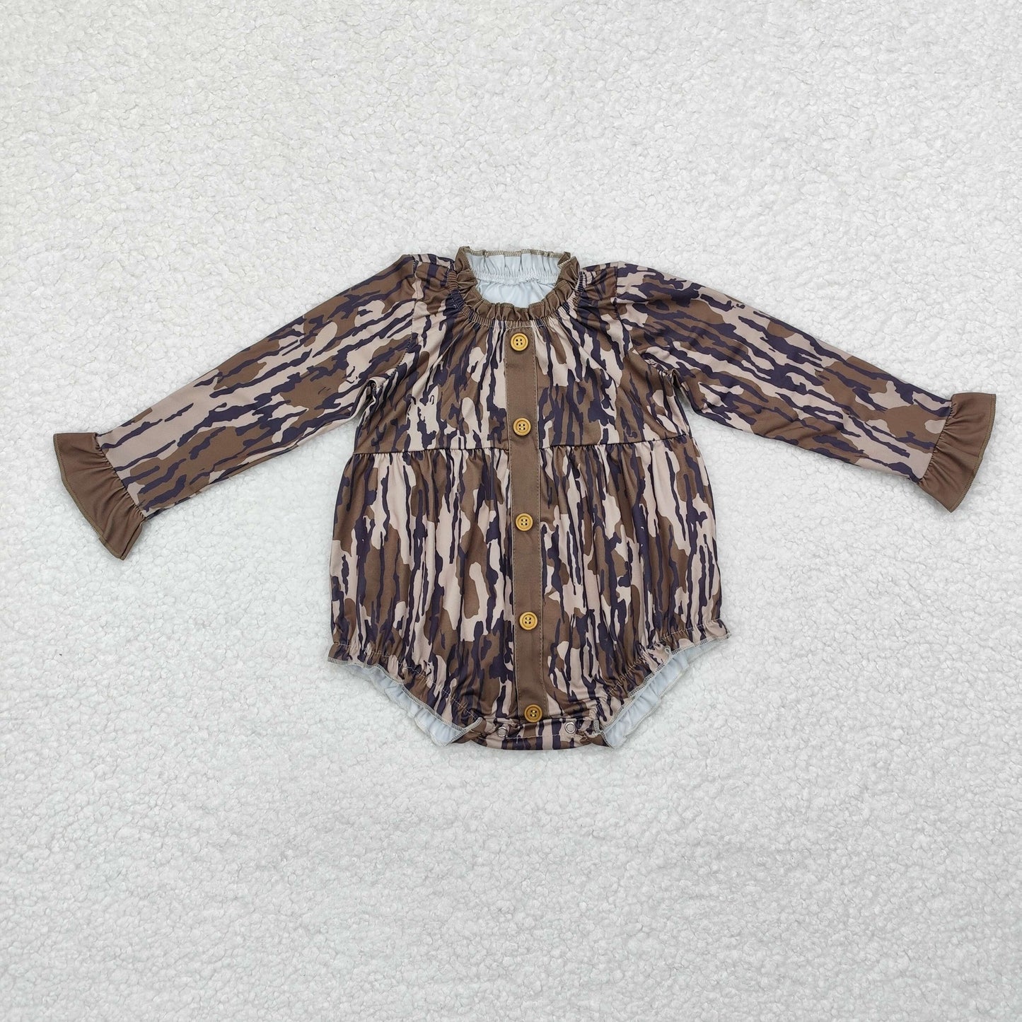 LR1977 Ruffle long sleeves bottomland camo button baby girls romper