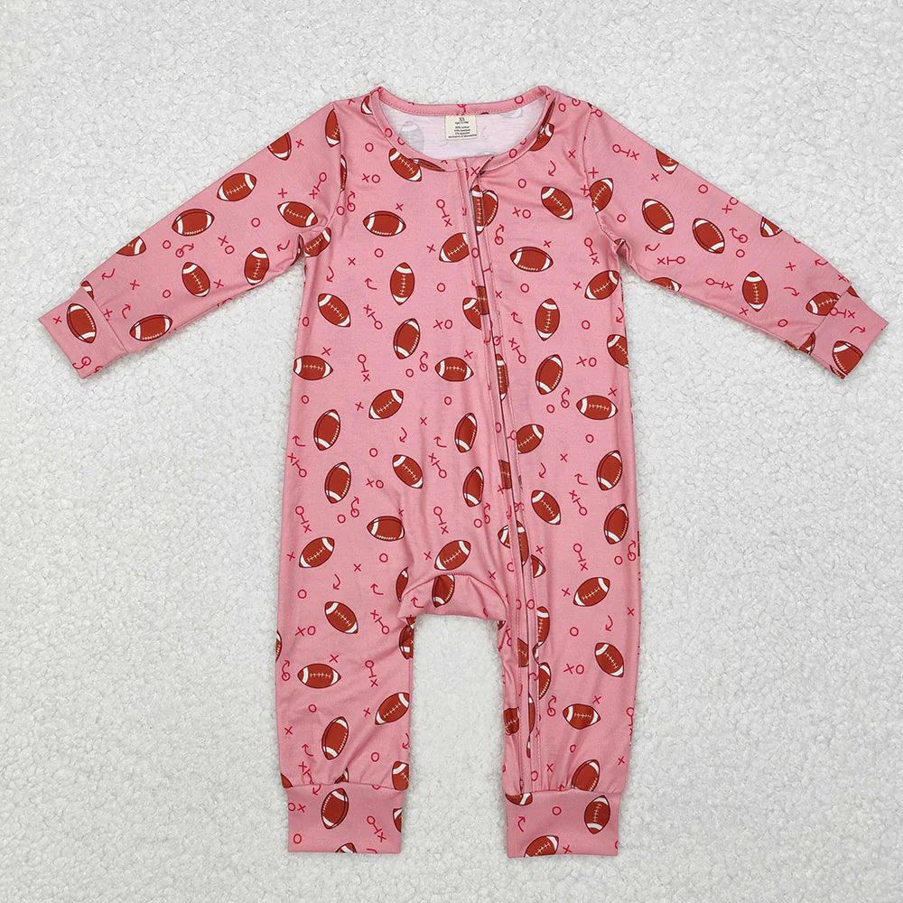 1.19 RTS Sibling Baby Infant Boys Girls Fall Football Bamboo Zip Long Sleeve Rompers
