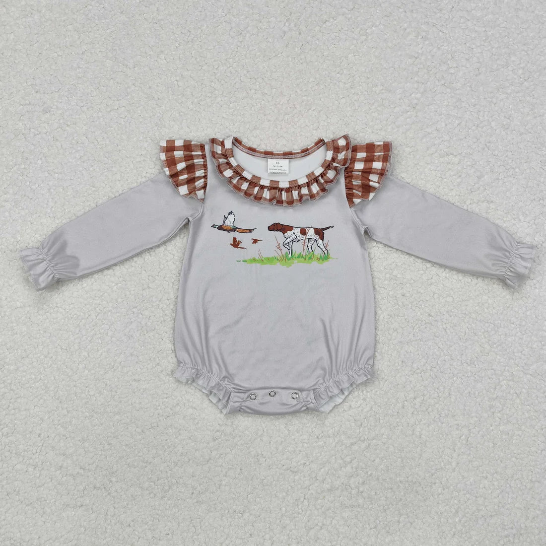 12.15 RTS Sibling Boys Baby Infant Girls Grey Dog Duck Hunting Rompers